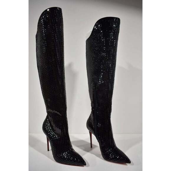 Christian Louboutin Alta Botta 100 Black Patent Bird Knee High OTK Heel Boot 36 - Picture 4 of 11
